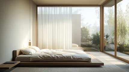 Serene and Minimalist Bedroom with Tranquil Natural Light and Peaceful Ambiance
