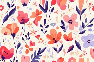 vibrant floral pattern featuring hand-drawn flowers in warm shades of red, pink, orange, and purple, with delicate leaves on a light background. Perfect for textile design, wallpaper, or spring 