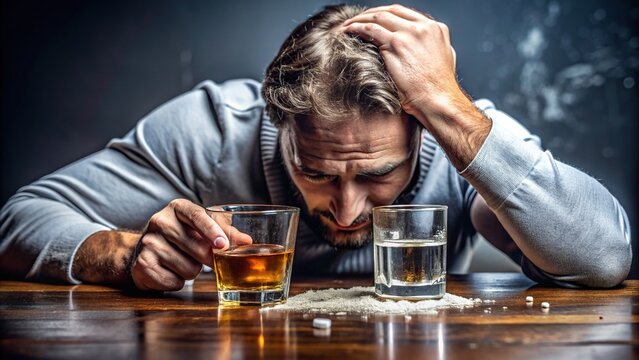 A stock photo showing a person suffering from the health dangers of cocaine addiction combined with alcohol abuse, recovery journey, health danger, cocaine addiction, alcohol abuse