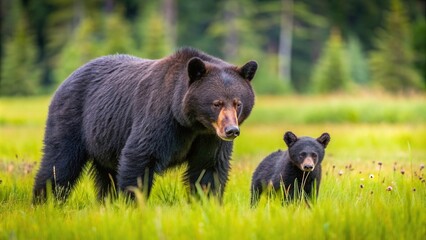 Fototapeta premium A mother black bear and her cub are peacefully grazing in an Alaska field, scenic view, bear family, animal interaction, bear sighting, animals, Alaska, Alaskan wilderness
