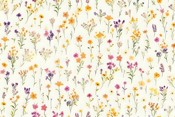 Fototapeta premium delicate floral pattern featuring tiny, hand-drawn wildflowers in shades of pink, yellow, purple, and orange on a light background. Perfect for textile design, wallpaper, or spring and summer-themed