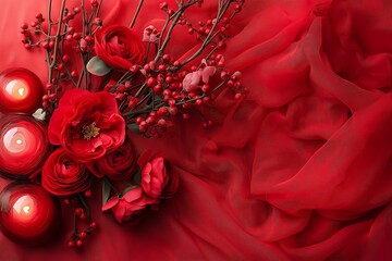 Naklejka premium Red fabric background with lit candles and blooming flowers, setting a warm and cozy atmosphere ideal for intimate moments.