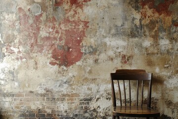 A weathered wooden chair sits against a peeling brick wall