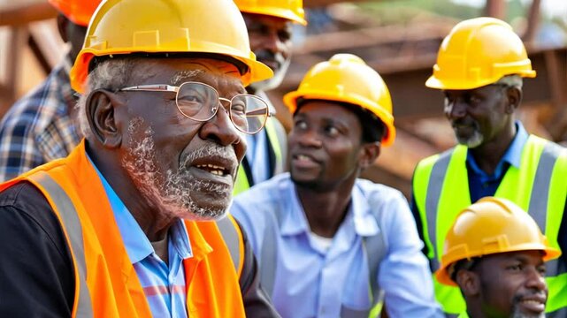 Experienced Construction Crew: A group of diverse construction workers, including a senior man with a distinguished face, are all wearing hard hats and safety vests, showcasing their expertise and ded