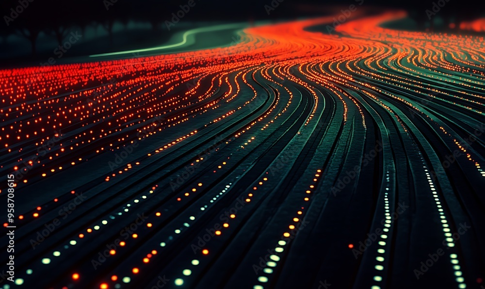 Poster abstract digital path with glowing red and white dots