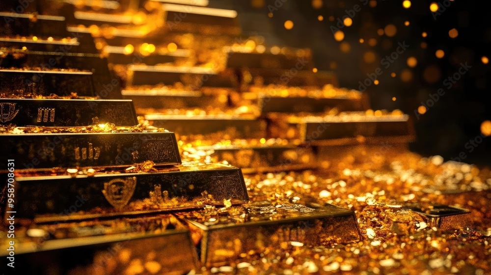 Poster shimmering gold bars stacked together, creating a luxurious and opulent atmosphere with sparkling ac