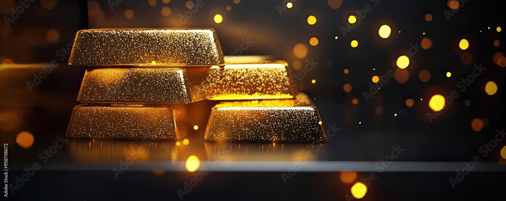 Poster Shiny gold bars stacked elegantly with a backdrop of soft glowing lights, symbolizing wealth and luxury in a captivating display.
