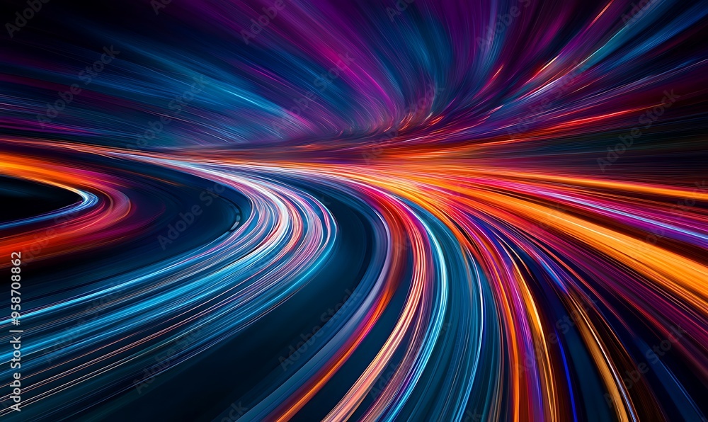 Poster abstract curved lines of vibrant colors on a dark background