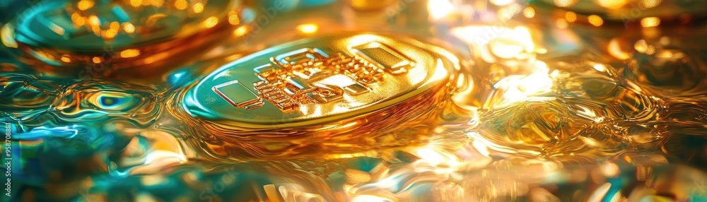 Poster shimmering gold coin resting on a colorful, reflective surface, symbolizing wealth and prosperity in
