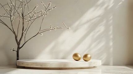  minimalistic still life featuring two golden eggs on a marble platform with a bare branch and soft sunlight casting shadows. Ideal for concepts of elegance, simplicity, and growth in interior decor