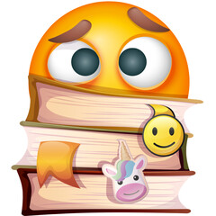 PrintEmoji student on white background. Emoticon with stack of books and bookmarks. Cute emoticon. Back to school.