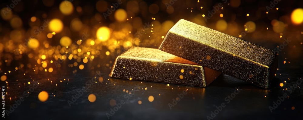 Poster elegant gold bars on a dark surface, surrounded by sparkling bokeh lights, symbolizing luxury and we