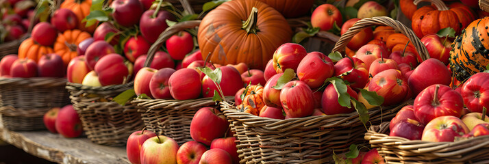 Ripe red apples and golden pumpkins spill from overflowing baskets, waiting to be picked at a country farm stand.