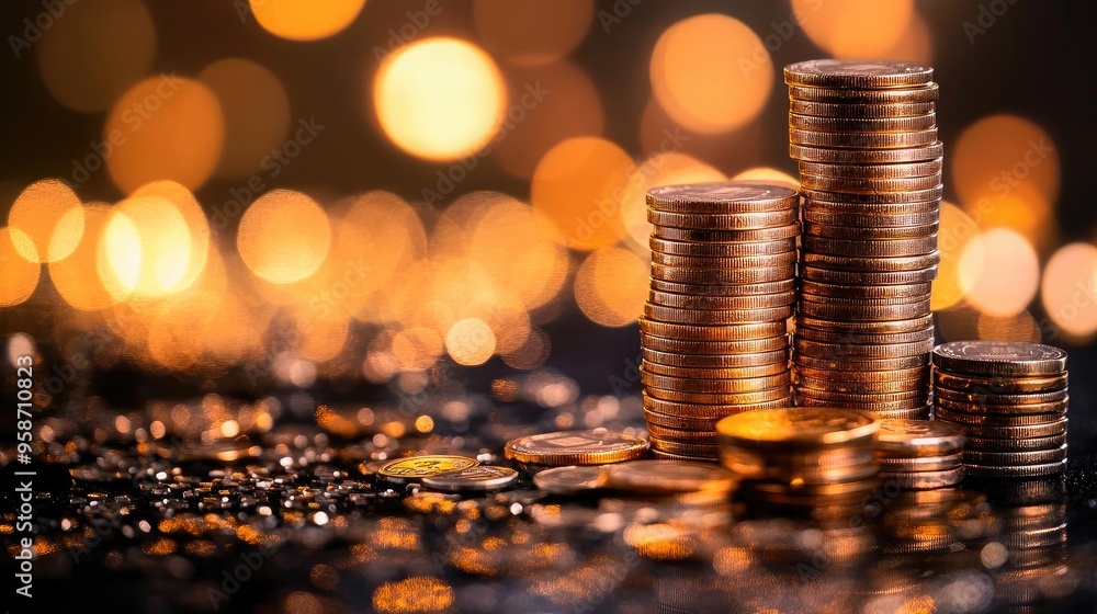Poster a stunning close-up of stacks of coins, illuminated by a beautiful bokeh background, symbolizing wea