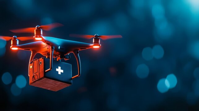 A futuristic first aid drone delivering a medical kit, First aid technology, Advanced emergency response - Powered by Adobe