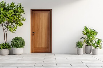 Welcoming entrance of a new home featuring a wooden door and pristine white wall, creating a fresh and inviting look
