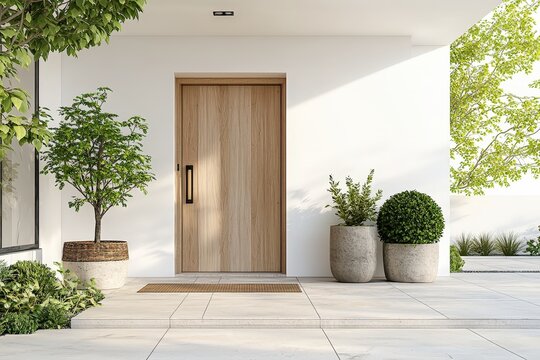 Fototapeta Simple yet elegant entrance of a new house with a wooden door and crisp white wall for a welcoming appearance 