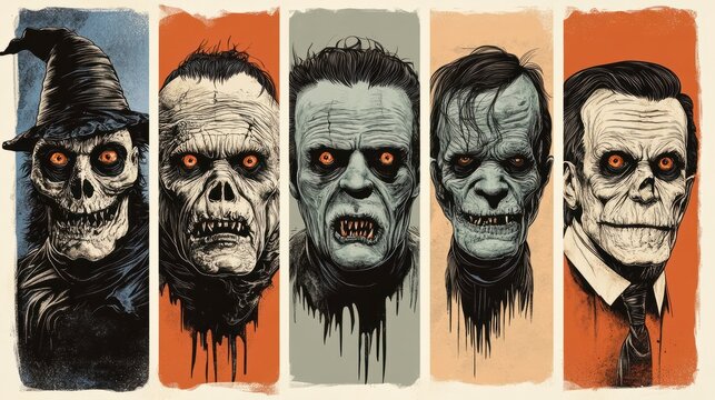 retro halloween monster portraits set vintage horror movie poster design elements