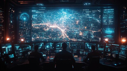Obraz premium Futuristic Control Room with Digital Map Display – Generative AI