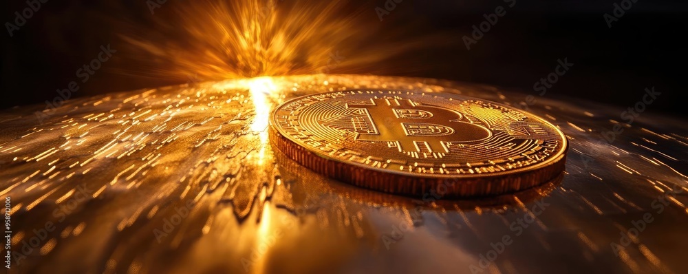 Poster A close-up view of a Bitcoin, symbolizing cryptocurrency, with dynamic light and artistic effects creating a futuristic atmosphere.