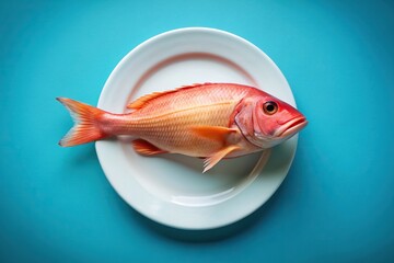 Obraz premium wide-angle, presentation, appetizing, gastronomy, raw, healthy, platter, organic, diet, delicious, Fresh red fish on a white plate served on a blue background with a wide angle view
