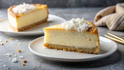 delicious, tropical,coconut cheesecake, Piece of coconut cheesecake with a creamy texture and a golden crust served on a white porcelain plate garnished with shredded fresh coconut