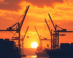 Fototapeta premium Silhouettes of towering cranes and cargo containers at an industrial port, set against a vibrant orange sunset, capturing the essence of global trade.