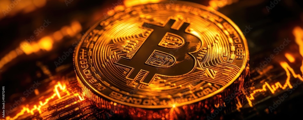 Aufkleber close-up of a golden bitcoin with digital background, symbolizing cryptocurrency and financial innov