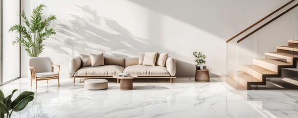 Minimalist luxury living room with marble flooring, sleek staircase, and neutral-toned furniture