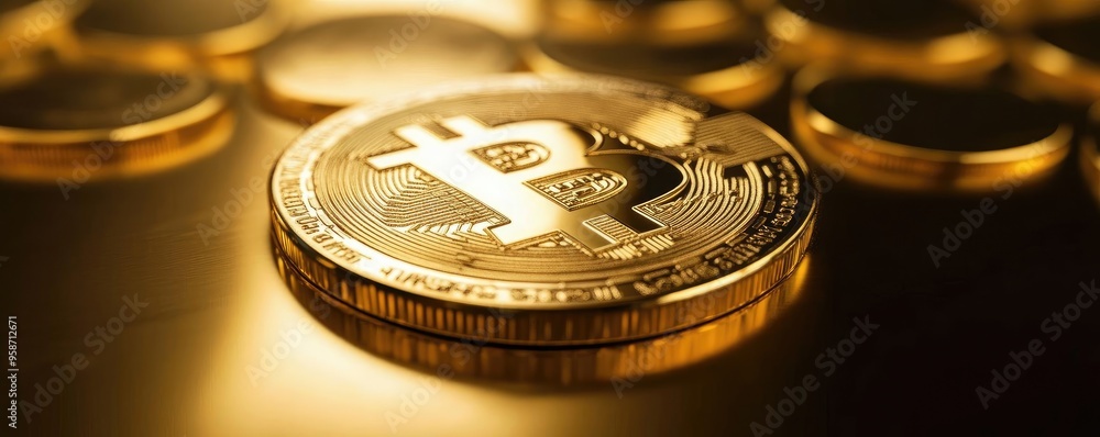 Aufkleber a close-up of a shiny gold bitcoin on a golden background, symbolizing cryptocurrency and digital fi