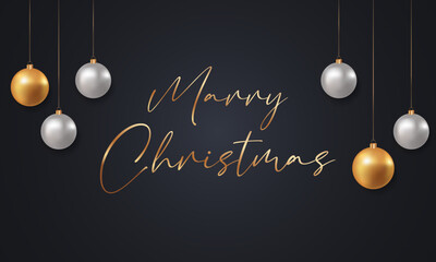 Christmas festive background with realistic 3d objects, golden balls and Merry Christmas lettering. Merry Christmas banner. Vector illustration EPS 10	
