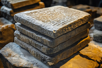 Ancient stone tablets featuring inscribed commandments, representing a powerful historical and religious symbol of moral and ethical guidelines