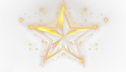 golden glittering star with stardust particles with shine glow on transparent background, PNG.