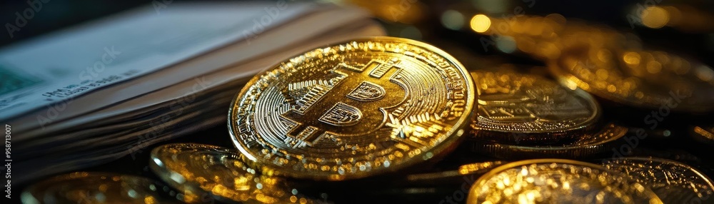 Poster Close-up view of shiny Bitcoin coins stacked with currency notes, symbolizing digital currency and future finance trends.