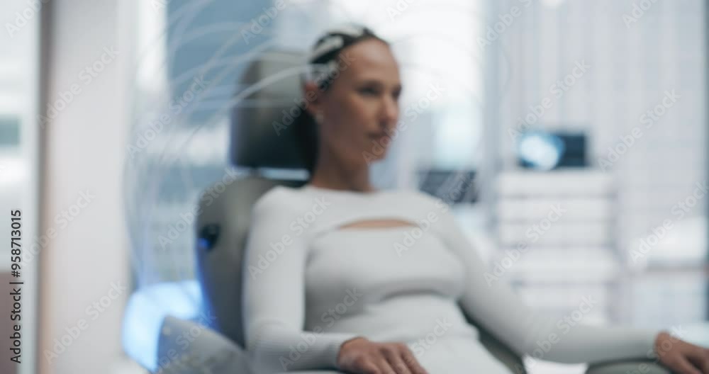 Poster Futuristic Lab Use Advanced Technology to Scan Female Patient's Brain, Analyzing Data on High-tech Monitors. Patient, Connected to a High-Tech Device. Pan Shot from Monitor to Patient