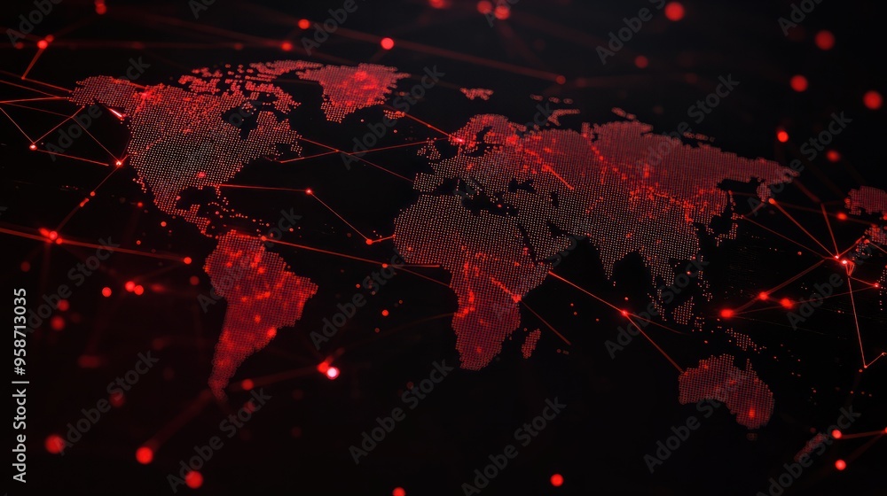 Poster sleek world map on a dark background with red mesh lines and dots, indicating global cybersecurity t