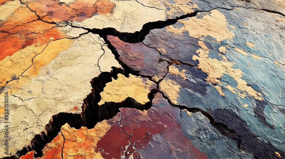 Poster geological map with tectonic plate simulation highlighting fault lines and rift valleys