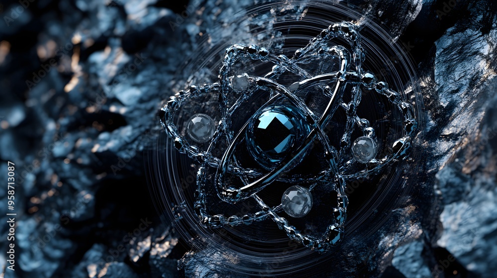 Aufkleber 6. high contrast image of an atom embedded in a mineral matrix with swirling molecular chains