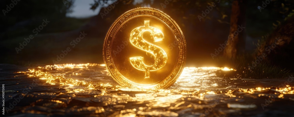 Poster a glowing dollar coin surrounded by shimmering light, symbolizing wealth and prosperity in a serene 