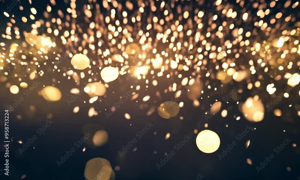 Poster abstract background with out of focus golden lights bokeh effect on black backdrop.
