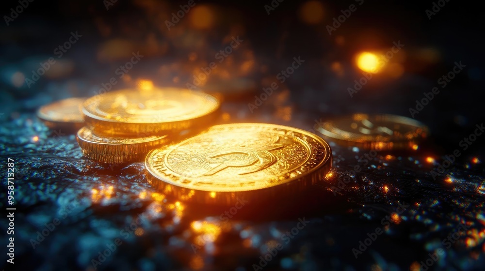 Poster a close-up of radiant gold coins scattered on a dark surface, illuminated by shimmering light, creat