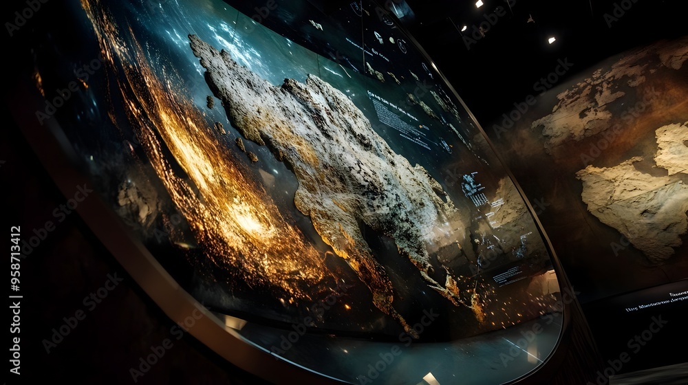 Poster interactive digital display showcasing tectonic plate motion and global geographic shifts over time
