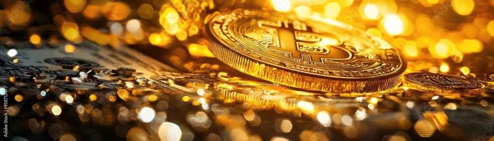 Poster shiny bitcoin coin surrounded by glimmering golden lights, symbolizing wealth and digital currency p