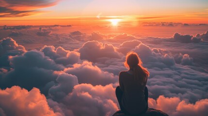 Obraz premium Photo of a young woman looking at the sunset over the clouds and praying.
