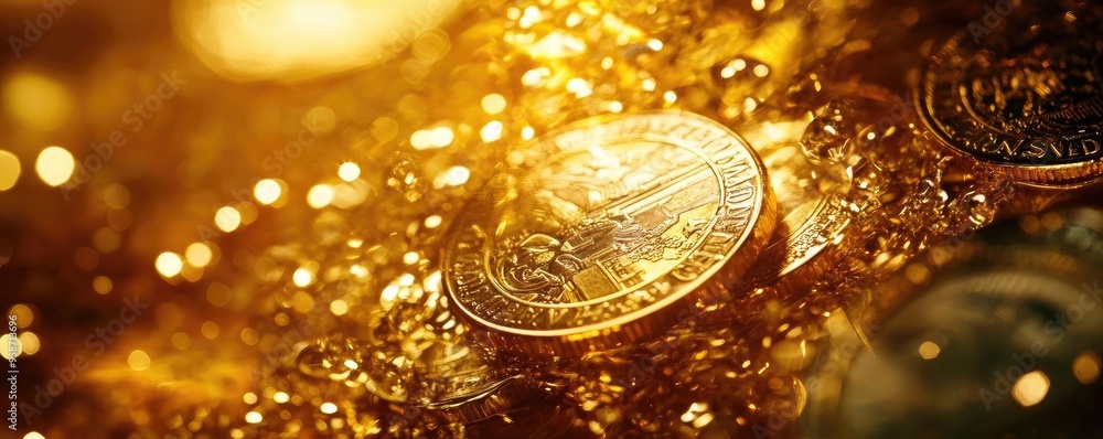 Aufkleber a close-up view of shimmering gold coins submerged in glittering liquid, creating a luxurious and ca