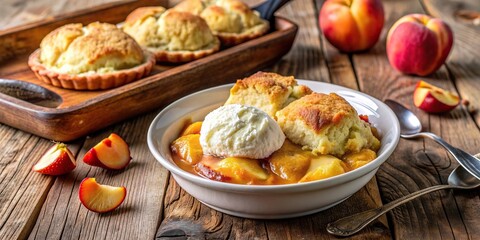 flavor, tasty, summer, treat, fruit, baked,fresh, mouthwatering, dark, delicious, Freshly baked drop biscuit peach cobbler with French vanilla ice cream on a rustic background