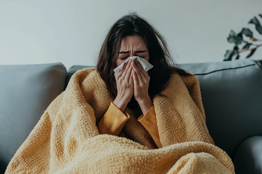 Woman sitting on a couch wrapped in a yellow blanket, sneezing into a tissue, suffering from cold or flu symptoms and seeking comfort.

