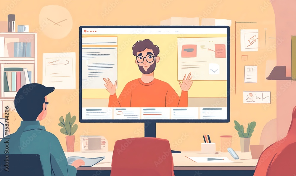 Poster man on a computer screen giving a presentation to a person sitting at a desk