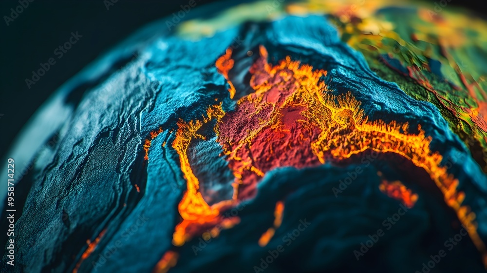 Poster digital globe simulation showcasing tectonic plate interactions and volcanic activity