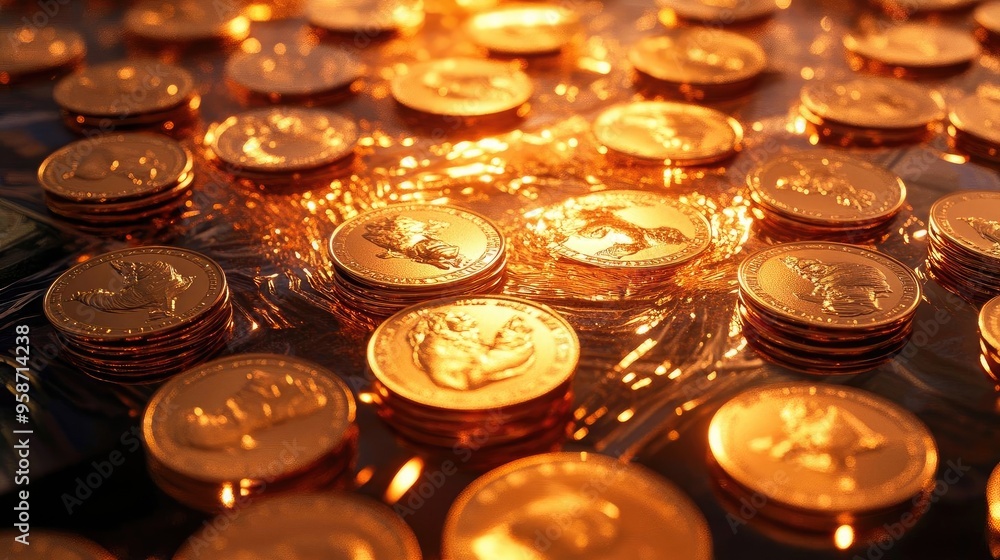 Poster a stunning collection of gleaming golden coins arranged in a mesmerizing pattern, perfect for financ